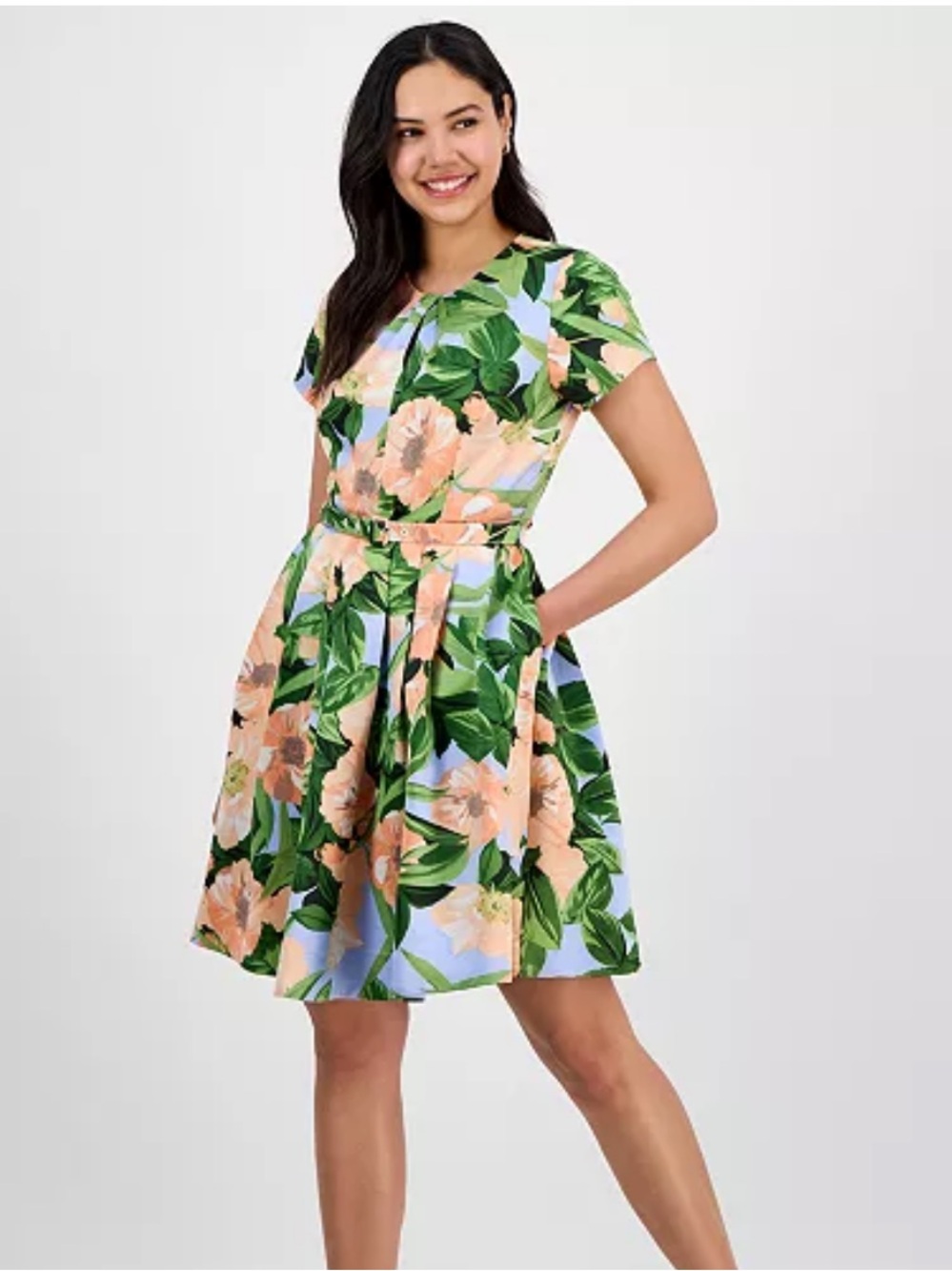Tahari Peach Floral Fit-and-Flare Dress with Green Leaves